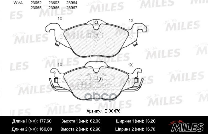 Колодки тормозные передние (Смесь Semi-Metallic) OPEL ASTRA G 1.2/1.4/1.6/1.7D (TRW GDB1351) E100476 Miles арт. E100476
