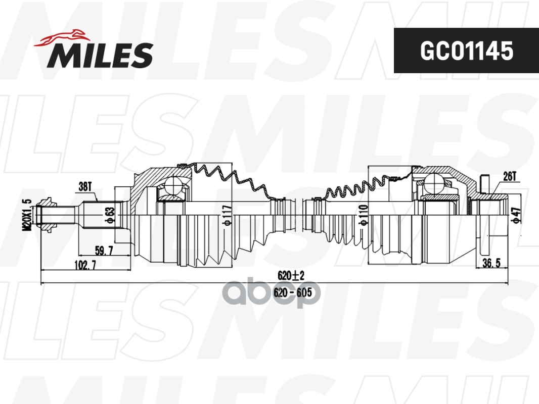 Привод в сборе передний левый VW T5 2.5TDI 03-09 (GKN 304506) GC01145 Miles арт. GC01145