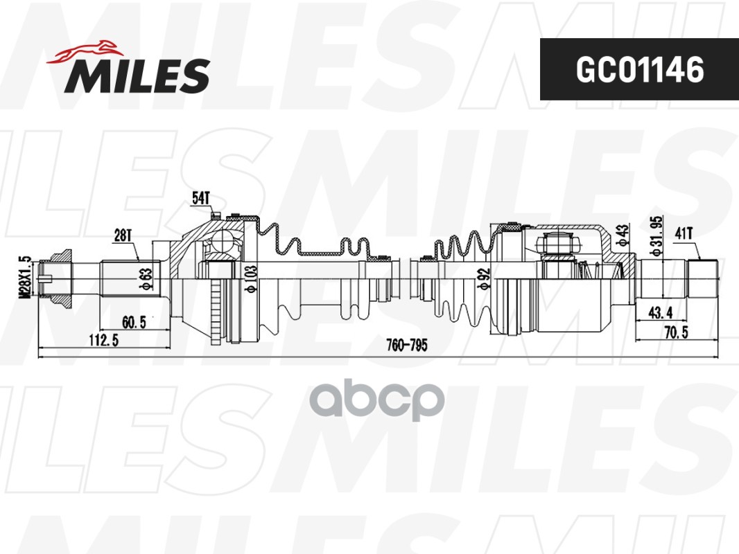 Привод в сборе левый CITROEN JUMPER/FIAT DUCATO/PEUGEOT BOXER 1.9-2.8 94-02 (ABS) (GKN 303048) GC01146 Miles арт. GC01146