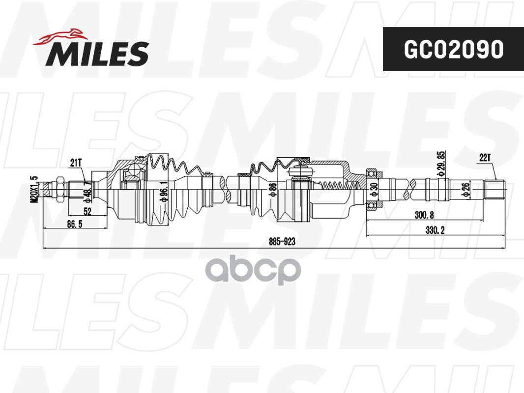 Привод в сборе правый PEUGEOT 206 1.1-1.6 98- (GKN 303200) GC02090 Miles арт. GC02090