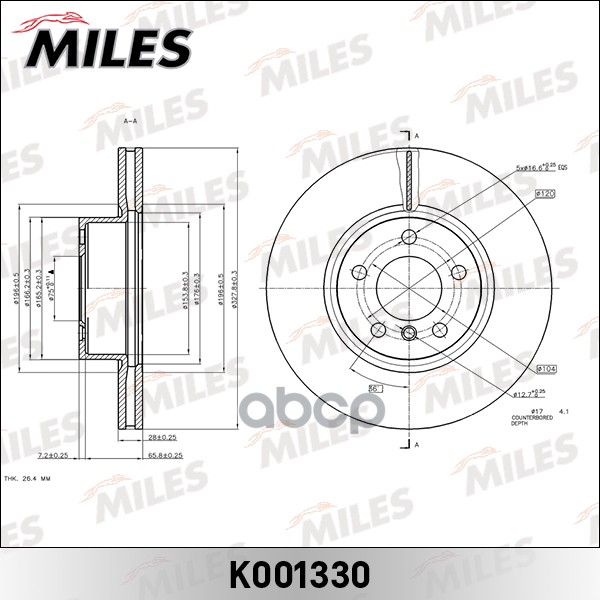 Диск тормозной передний D328мм. вентилируемый BMW X3 F25 10- (TRW DF6220S) K001330 Miles арт. K001330