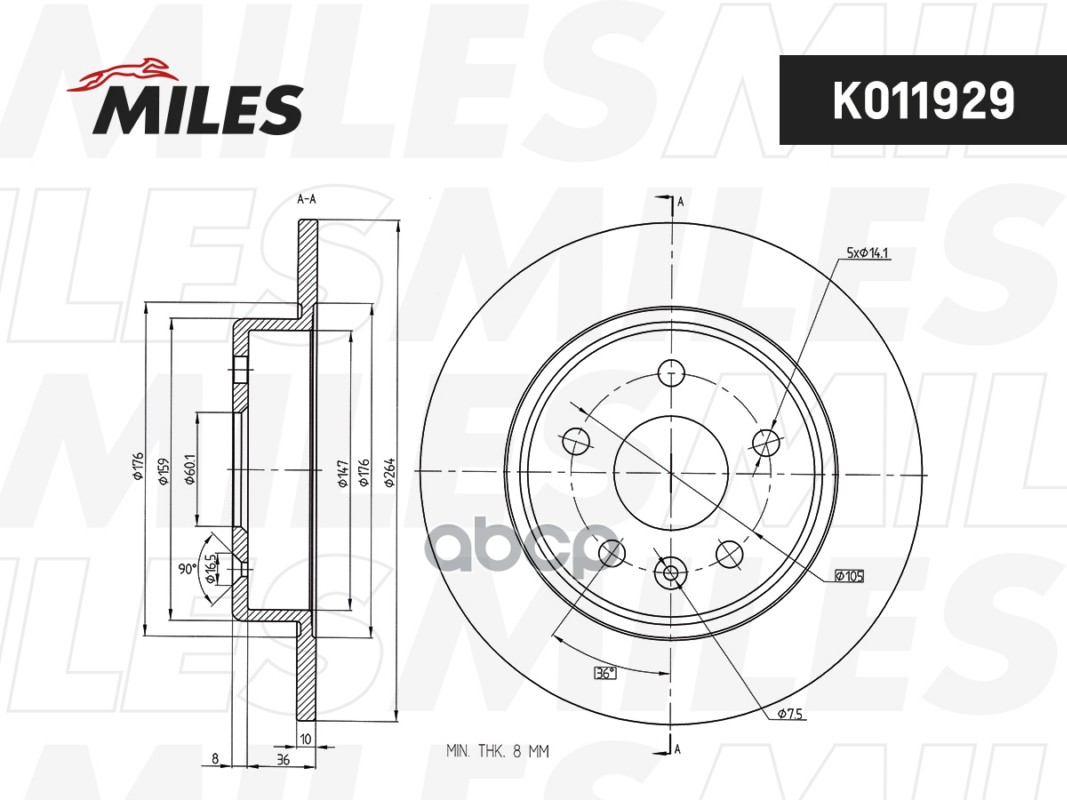 Диск тормозной задний D264мм. OPEL ASTRA K 15- (TRW DF6846) K011929 Miles арт. K011929