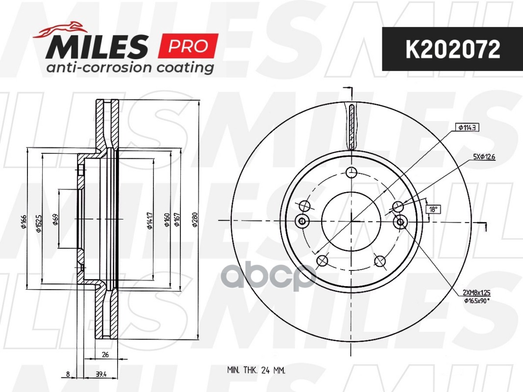 Диск тормозной HYUNDAI TUCSON 06-/i30 09-/KIA CEED 06-/SPORTAGE 04- передний Miles арт. k202072