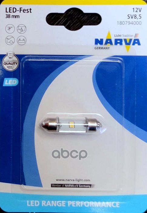 Лампа Светодиодная Блистер 1Шт Led 12V C5w ( Длинна 38 Mm) 0,6W Sv8.5-8 Narva арт. 18079