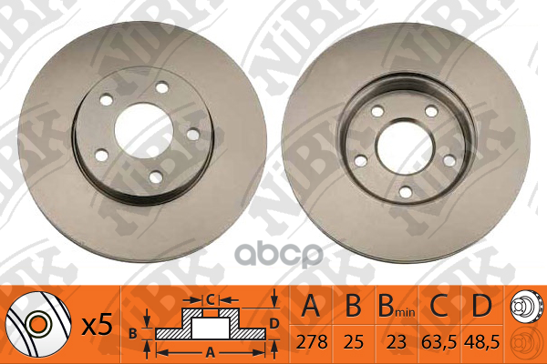 Диск тормозной передний FORD FOCUS II/III/C-MAX 03-/VOLVO S40 04- D278мм RN1213 NiBK арт. RN1213