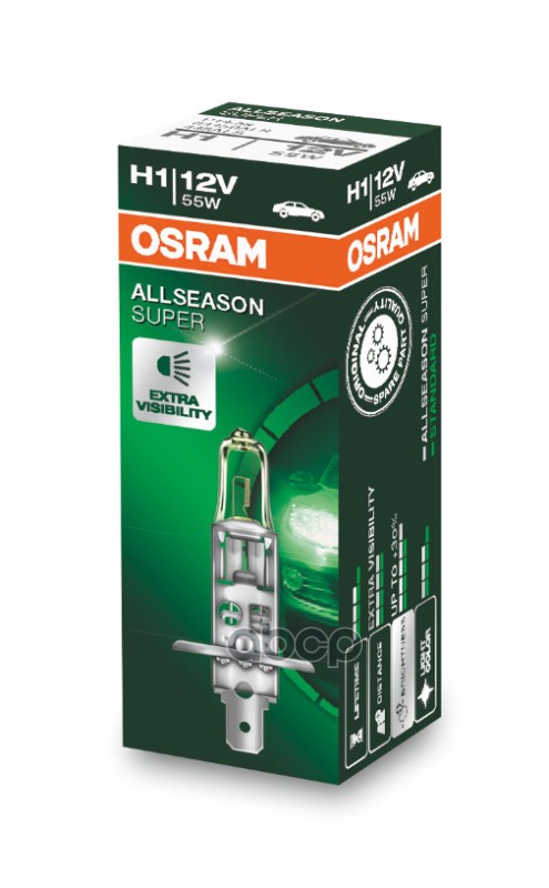 Лампа галогеновая головного света H1 P14.5s 3000K All Season 12V 55W Картон 1шт Osram арт. 64150ALS