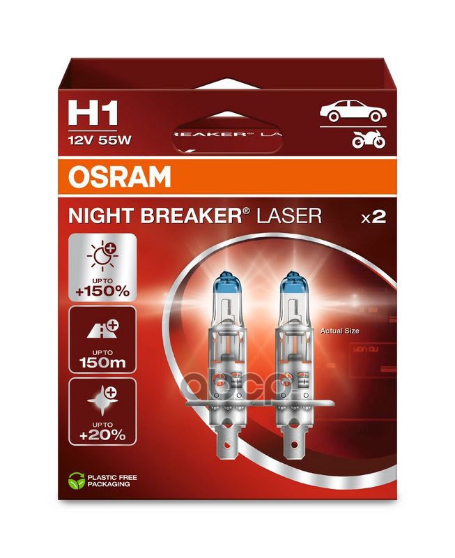 Лампа галогеновая головного света H1 P14.5s 3400K Night Breaker Laser 12V 55W 2шт Osram арт. 64150NL2HB