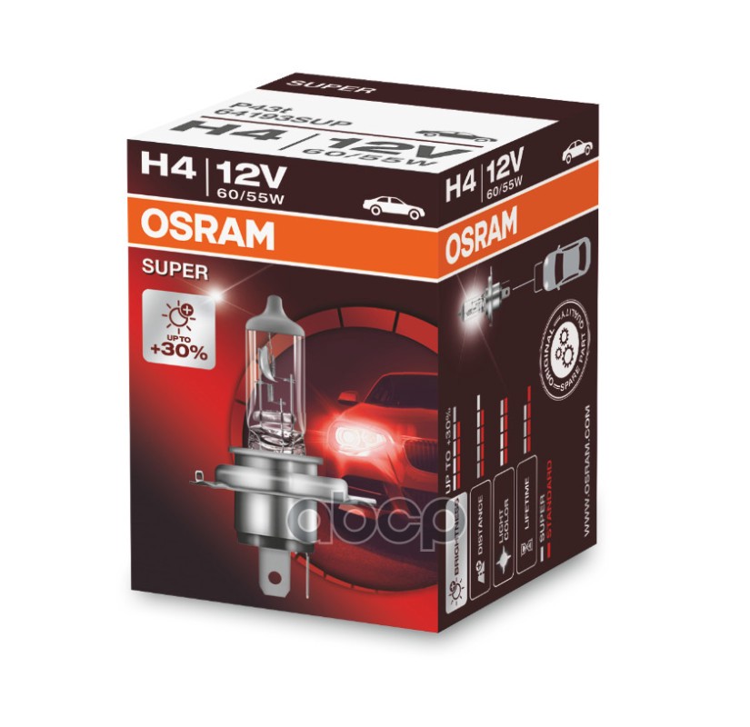 Лампа 64193SUP H4 12V (60/55W) P43t-38 + 30 % света Osram арт. 64193sup
