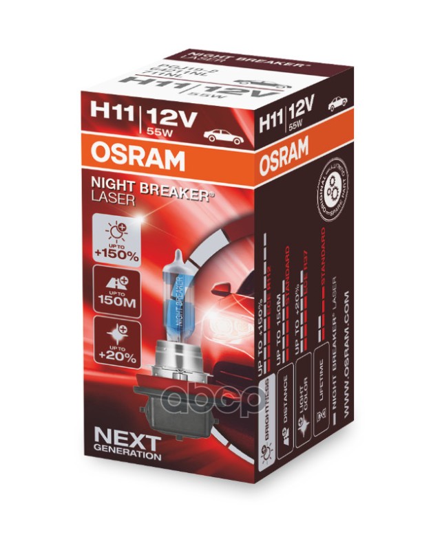 Лампа галогеновая головного света H11 PGJ19-2 3400K Night Breaker Laser 12V 55W Картон 1шт Osram арт. 64211NL