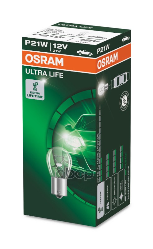 Лампа накаливания сигнальная P21W BA15s Ultra Life 12V 21W картон 10шт цена за 1шт Osram арт. 7506ULT