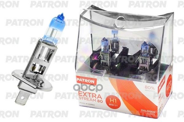 Комплект Галогенных Ламп Коробка 2Шт H1 12V 55W 3500K P14.5s Extra Stream 80 (+80% Яркости, Белый Свет, +40М Светового Потока...