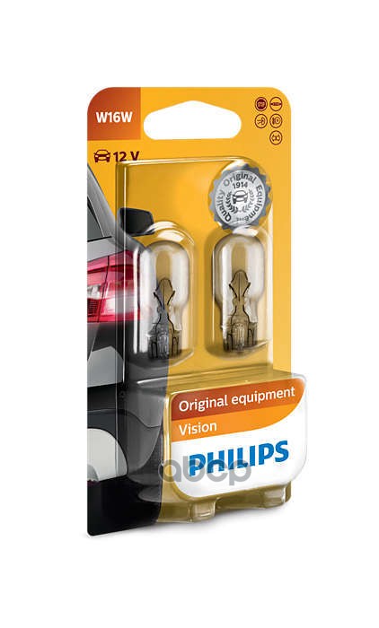 Лампа накаливания сигнальная W16W W2.1x9.5d Vision 12V 16W Блистер 2 шт Philips арт. 12067B2