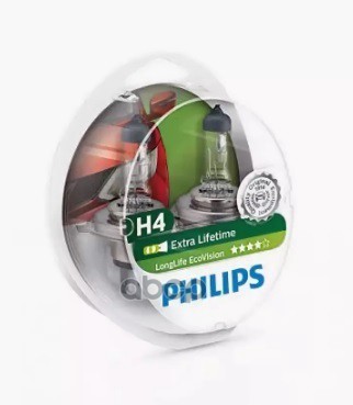 Лампа галогеновая головного света H4 P43t Long Life Eco Vision 12V 60/55W Блистер 2 шт Philips арт. 12342LLECOS2