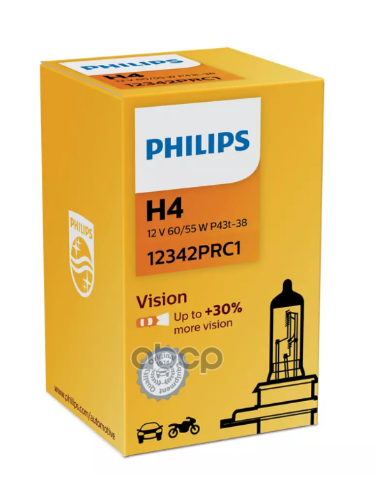 Лампа галогеновая головного света H4 P43t 3200K Vision 12V 60/55W Картон 1 шт Philips арт. 12342PRC1