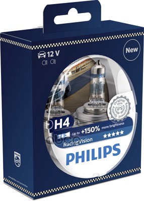 Лампа 12V H4 60/55W +150% Philips Racingvision 2 Шт. Duobox 12342Rvs2 Philips арт. 12342RVS2