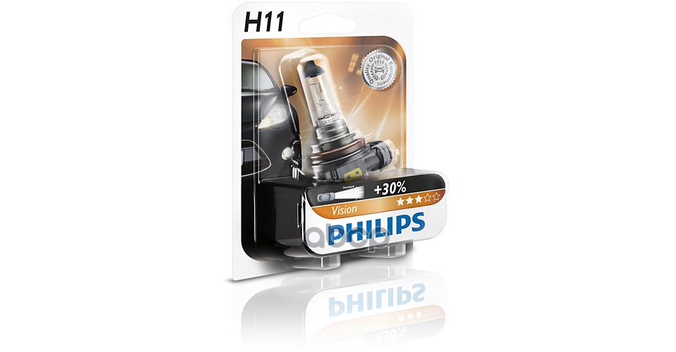 Лампа галогеновая головного света H11 PX26d 3200K Vision 12V 55W Блистер 1 шт Philips арт. 12362PRB1