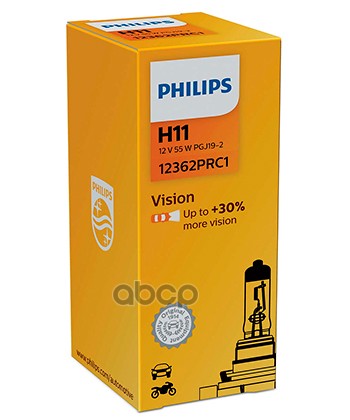 Лампа галогеновая головного света H11 PGJ19-2 3200K Vision 12V 55W Картон 1 шт Philips арт. 12362PRC1