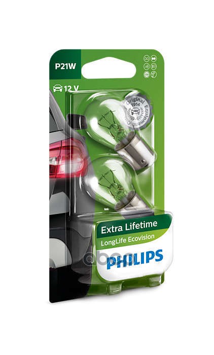 Лампа накаливания сигнальная P21W BA15s Long Life Eco Vision 12V 21W Блистер 2 шт Philips арт. 12498LLECOB2