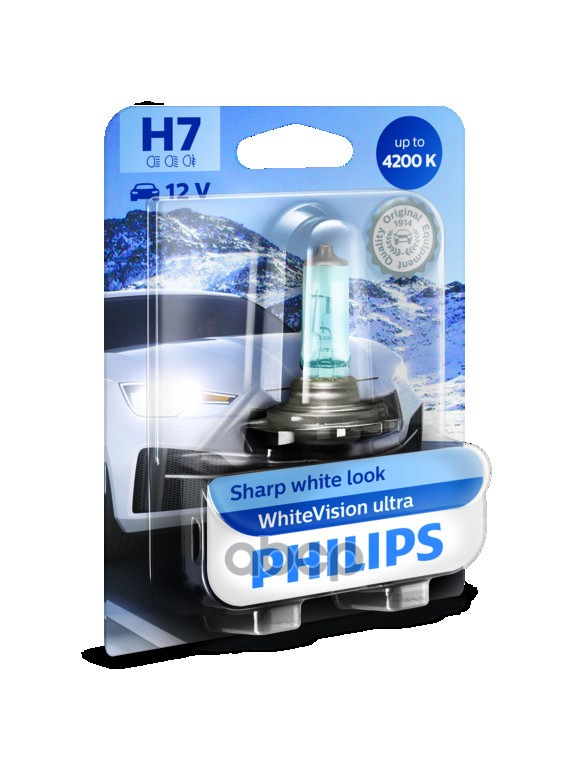 Лампа галогеновая головного света H7 PX26d 4200K White Vision Ultra 12V 55W Блистер 1 шт Philips арт. 12972WVUB1