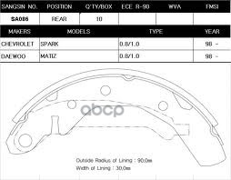 Колодки тормозные бар. CHEVROLET SPARK 0.8-1.0 05-/DAEWOO MATIZ 0.8-1.0 98- SA086 Sangsin brake арт. SA086