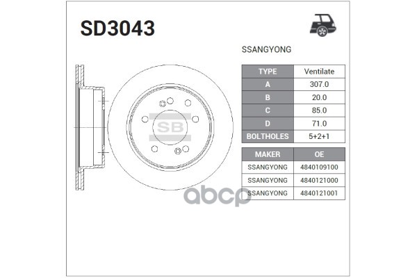 Диск тормозной задний Серия:HI-Q Диаметр:307мм. SSANGYONG STAVIC, SSANGYONG KYRON, SSANGYONG RODIUS Sangsin brake арт. SD3043