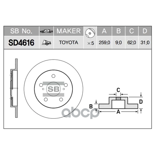 Диск тормозной задний Серия:HI-Q Диаметр:259мм. TOYOTA COROLLA седан (E15), TOYOTA AURIS (E15) Sangsin brake арт. SD4616