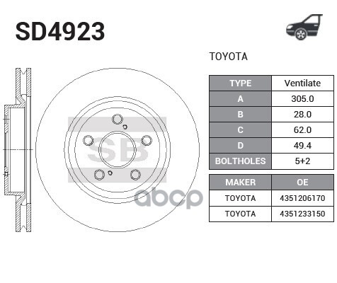 Диск тормозной передний TOYOTA Camry 17-/Rav4 18- SANGSIN BRAKE SD4923 SD4923 Sangsin brake арт. SD4923