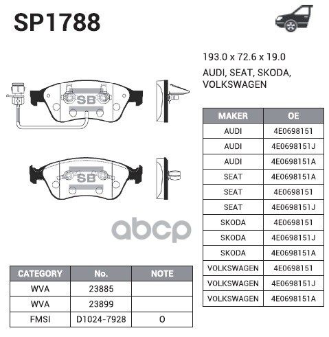 Колодки передние AUDI A8 (4E) SP1788 Sangsin brake арт. SP1788