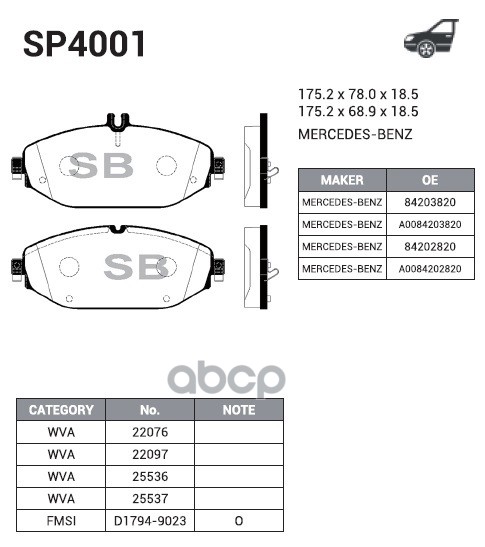 Колодки передние MERCEDES C W205, E W213 SP4001 Sangsin brake арт. SP4001