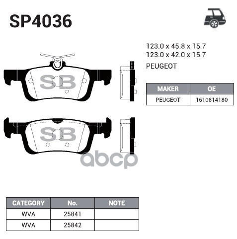 Колодки задние PEUGEOT 308 II SP4036 Sangsin brake арт. SP4036