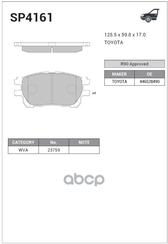 Колодки передние TOYOTA PREVIA (MCR3) 00-06 SP4161 Sangsin brake арт. SP4161