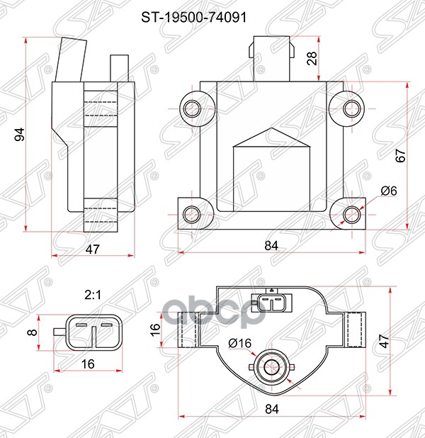 Катушка зажигания Toyota Caldina (T190,T210) 92-02 / Carina 92-01 3SGE;4AFE;4AGE;4SFE;7AFE Sat арт. ST-19500-74091