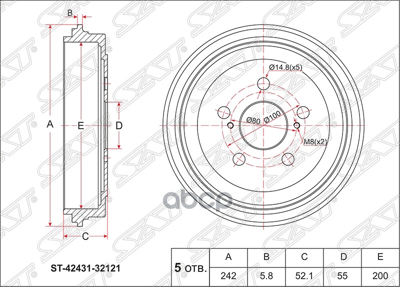 Барабан тормозной зад TOYOTA PREMIO/ALLION 01-07/ OPA 00-05/VISTA ##V5# 98-03/ CELICA 99-05 Sat арт. ST-42431-32121