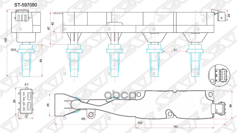 Катушка зажигания PEUGEOT 1007 05-10/206 00-08/207 06-12/307 02-10/CITROEN C3 00-09/C4 04- (модуль) Sat арт. ST-597080