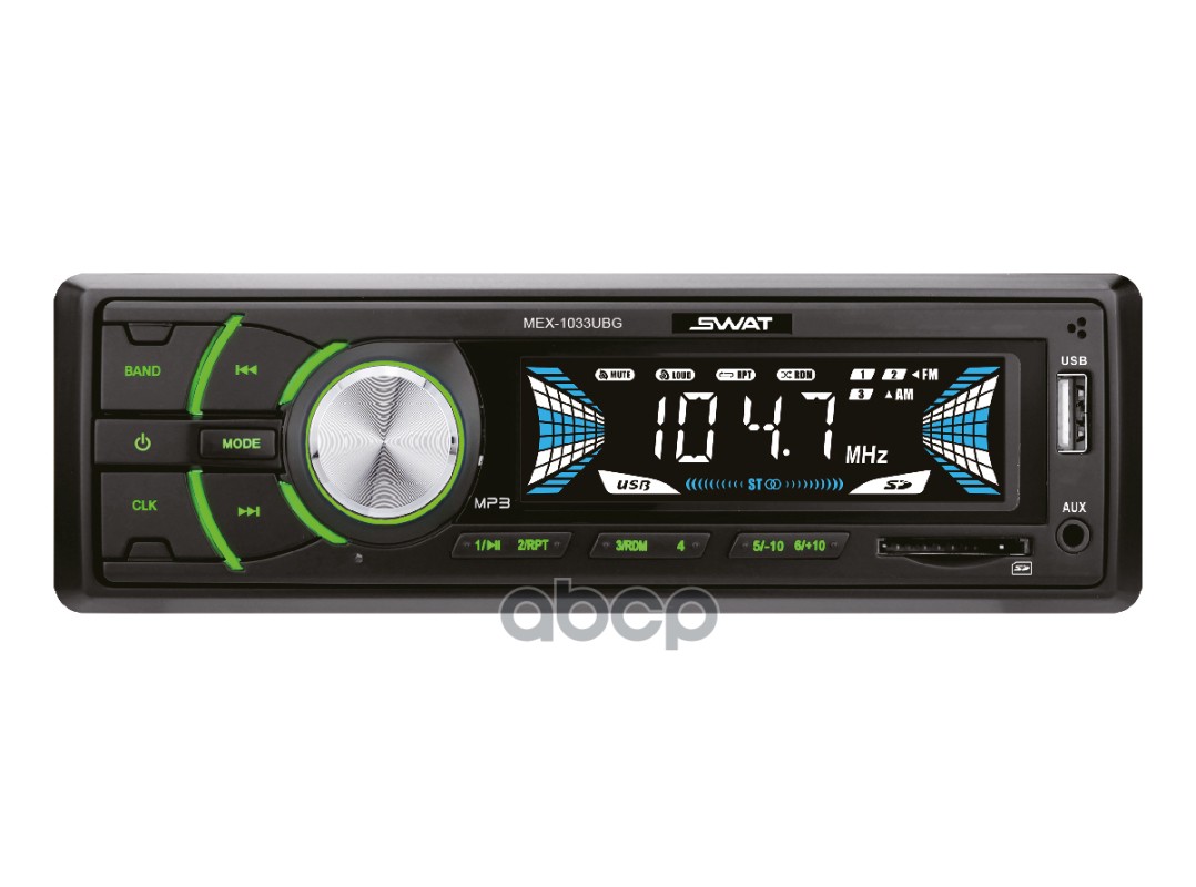 Автомагнитола SWAT MEX-1033UBG /1 din,4х50 вт,MP3,USB,SD,2RCA  зел.кнопки, съемная окантовка/, , Max 50 Вт SWAT SWAT MEX-1033...