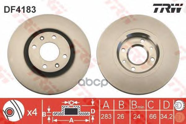 Диск тормозной передний CITROEN C4 I-II, PEUGEOT 207, 307, 308 DF4183 TRW арт. DF4183
