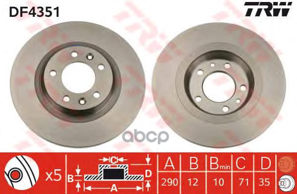 Диск тормозной задний PSA C5 III 08->/407/508/607/RCZ /D=290mm TRW DF4351 TRW арт. DF4351