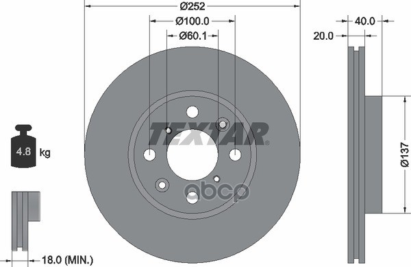 Диск тормозной передний OPEL Agila B/SUZUKI Splash/Swift IV /Vent D=252mm TEXTAR 92148903 Textar арт. 92148903