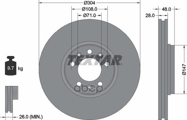 Диск тормозной передний с покрытием PRO CITROEN/FIAT/PEUGEOT/TOYOTA TEXTAR 92157003 Textar арт. 92157003