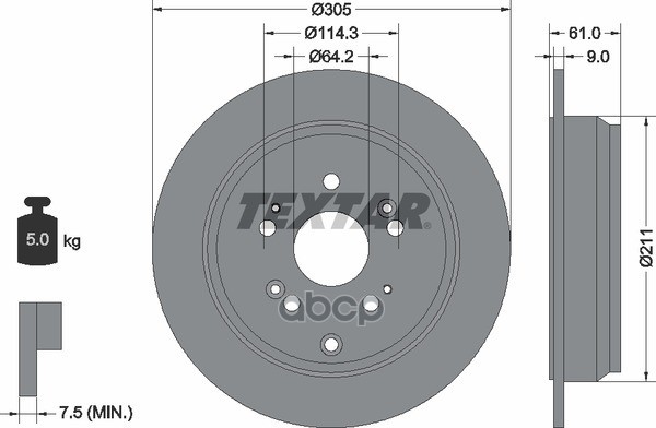 Диск тормозной задний с покрытием PRO ACURA/HONDA TEXTAR 92162503 Textar арт. 92162503
