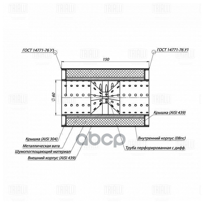 Пламегаситель универс. 100/150-60 с перф. диффузором (нерж. сталь) (ESM 10015060d) Trialli арт. ESM10015060D