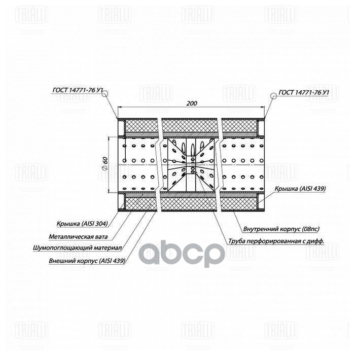 Пламегаситель универс. 100/200-60 с перф. диффузором (нерж. сталь) (ESM 10020060d) Trialli арт. ESM10020060D