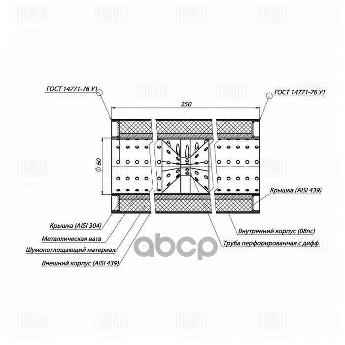 Пламегаситель универс. 100/250-60 с перф. диффузором (нерж. сталь) (ESM 10025060d) Trialli арт. ESM10025060D