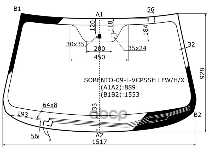 Стекло лобовое (Обогрев щеток/ Датчик дождя) Kia Sorento 09-13 XYG арт. SORENTO-09-L-VCPSSH LFW/H