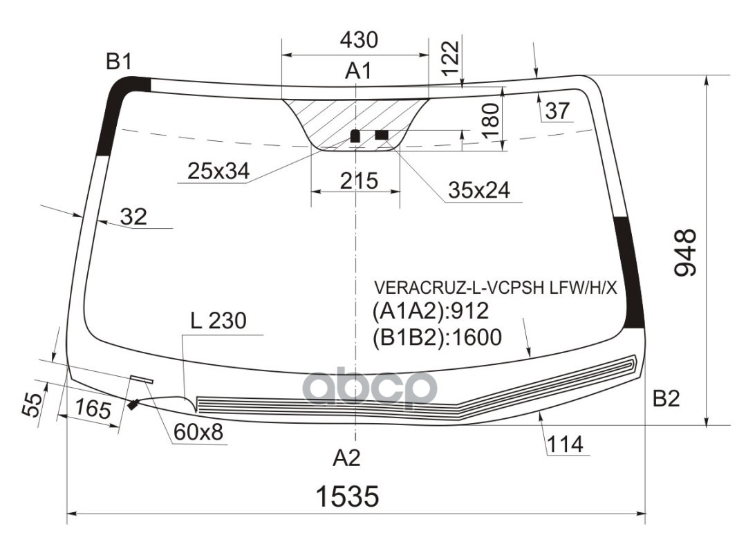 Стекло лобовое (Обогрев щеток/ Датчик дождя) Hyundai ix55 06-13 / Veracruz 06-15 XYG арт. VERACRUZ-L-VCPSH LFW/H/X