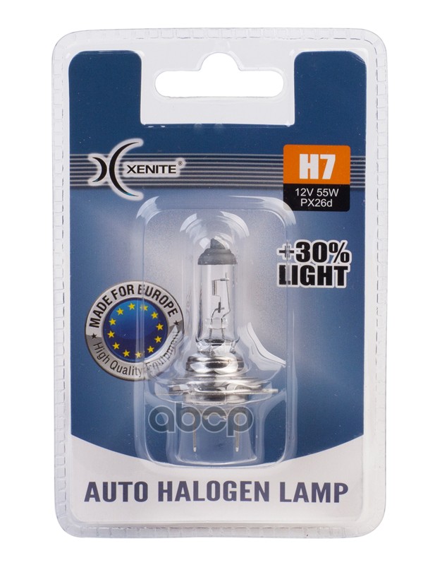Лампа галогеновая головного света H7 PX26d 3200K +30% 12V 55W Блистер 1шт Xenite арт. 1007090