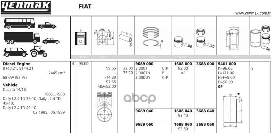 Поршень Двс Без Колец Fiat Ducato 2.5D 8140.21 =93 3X2x3 +0.40 <89 YENMAK арт. 1688.040