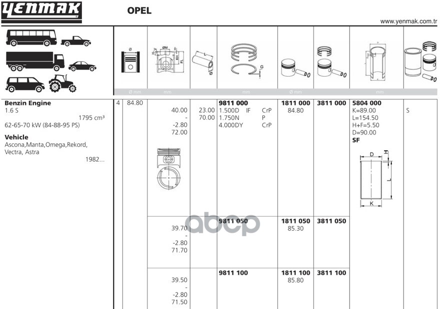 Поршень Двс Без Колец Opel Ascona 1.8S =84.8 1.5X1.75x4 Std  82> YENMAK арт. 1811.000
