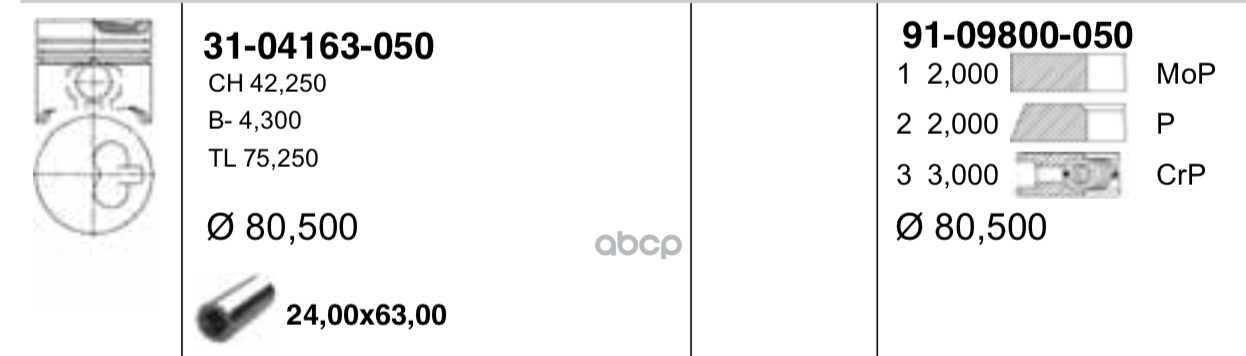 Поршень Двс С Кольцами Renault 1.9D F8q.630 =80 2X2x3 +0.50 96> YENMAK арт. 31-04163-050