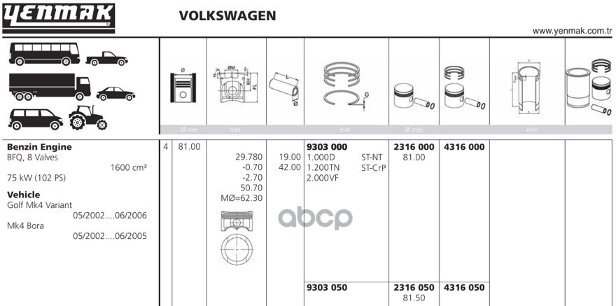 Поршень ДВС с кольцами 4316.050 YENMAK арт. 4316.050